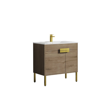 Blossom Bari 36" 2-Door Classic Oak Freestanding Single Vanity Base With Adjustable Shelf, Brushed Gold Handles & Legs