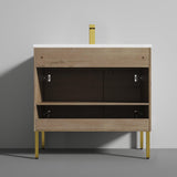 Blossom Bari 36" 2-Door Classic Oak Freestanding Single Vanity Base With Adjustable Shelf, Brushed Gold Handles & Legs