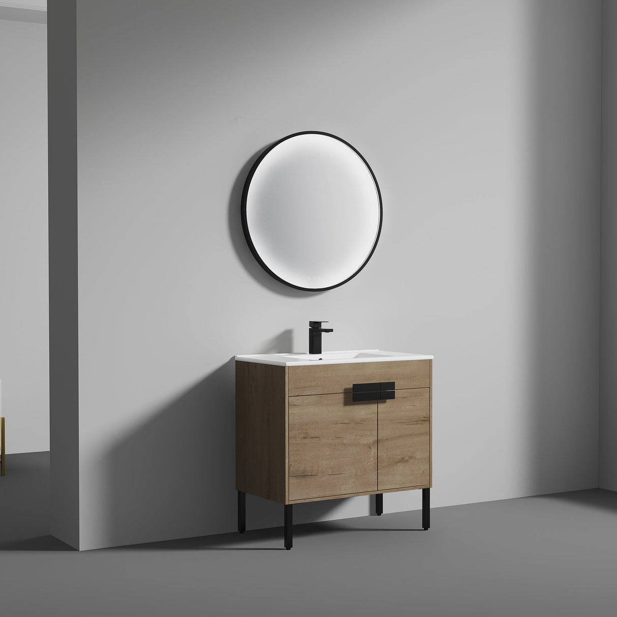 Blossom Bari 36" 2-Door Classic Oak Freestanding Single Vanity Base With Adjustable Shelf, Matte Black Handles & Legs