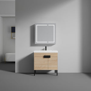 Blossom Bari 36" 2-Door Maple Freestanding Single Vanity Base With Adjustable Shelf, Matte Black Handles & Legs