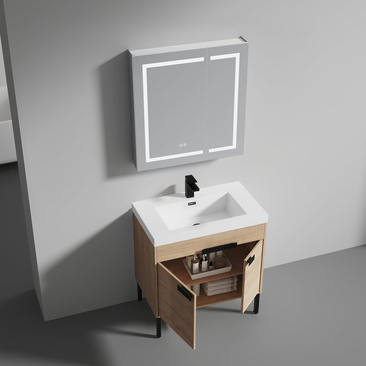 Blossom Bari 36" 2-Door Maple Freestanding Single Vanity Base With Adjustable Shelf, Matte Black Handles & Legs