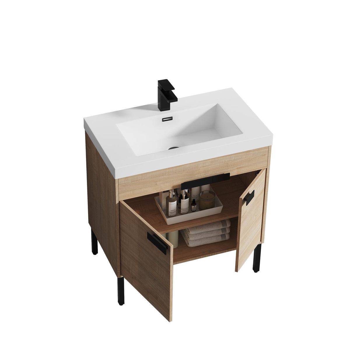 Blossom Bari 36" 2-Door Maple Freestanding Single Vanity Base With Adjustable Shelf, Matte Black Handles & Legs