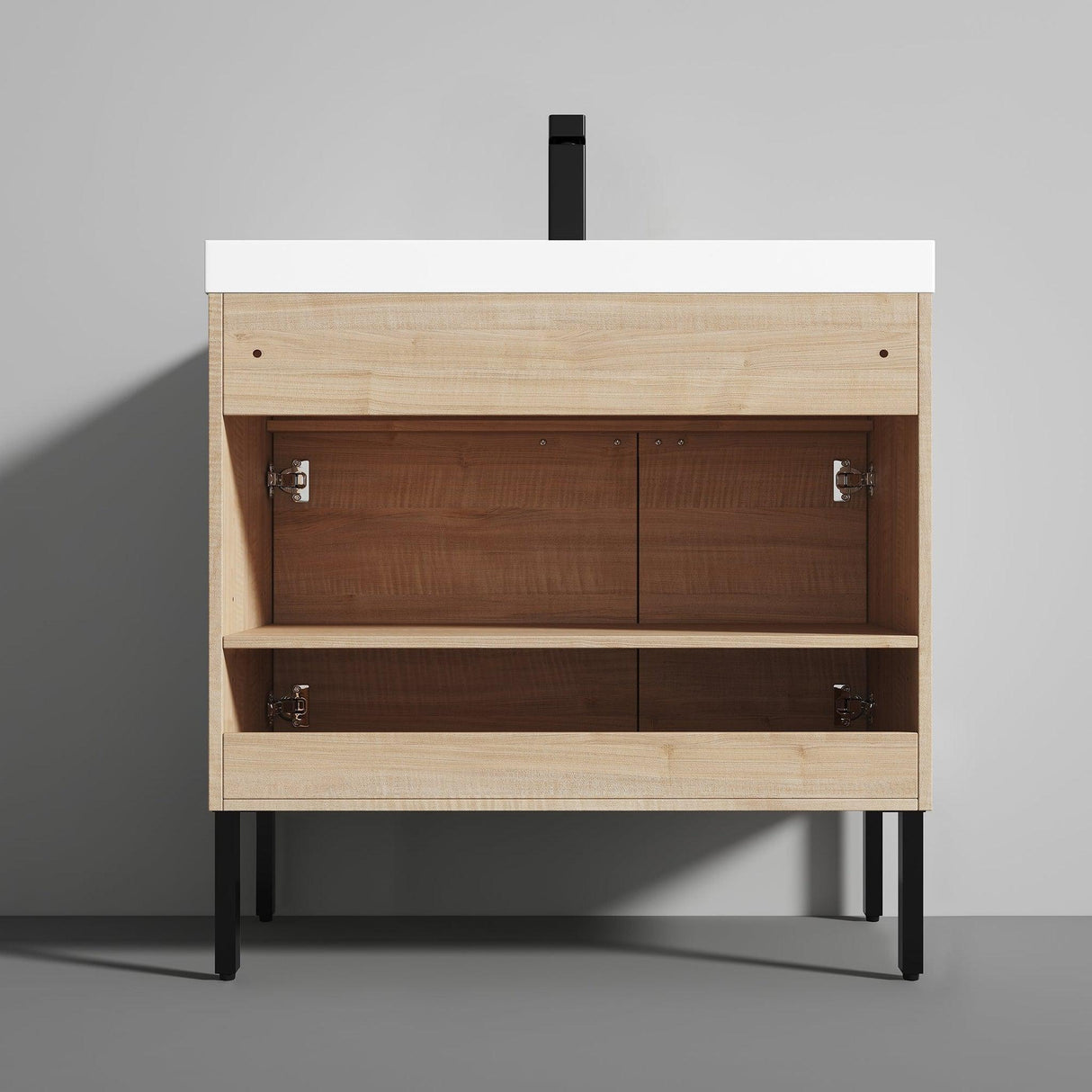 Blossom Bari 36" 2-Door Maple Freestanding Single Vanity Base With Adjustable Shelf, Matte Black Handles & Legs