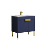 Blossom Bari 36" 2-Door Navy Blue Freestanding Single Vanity Base With Adjustable Shelf, Brushed Gold Handles & Legs