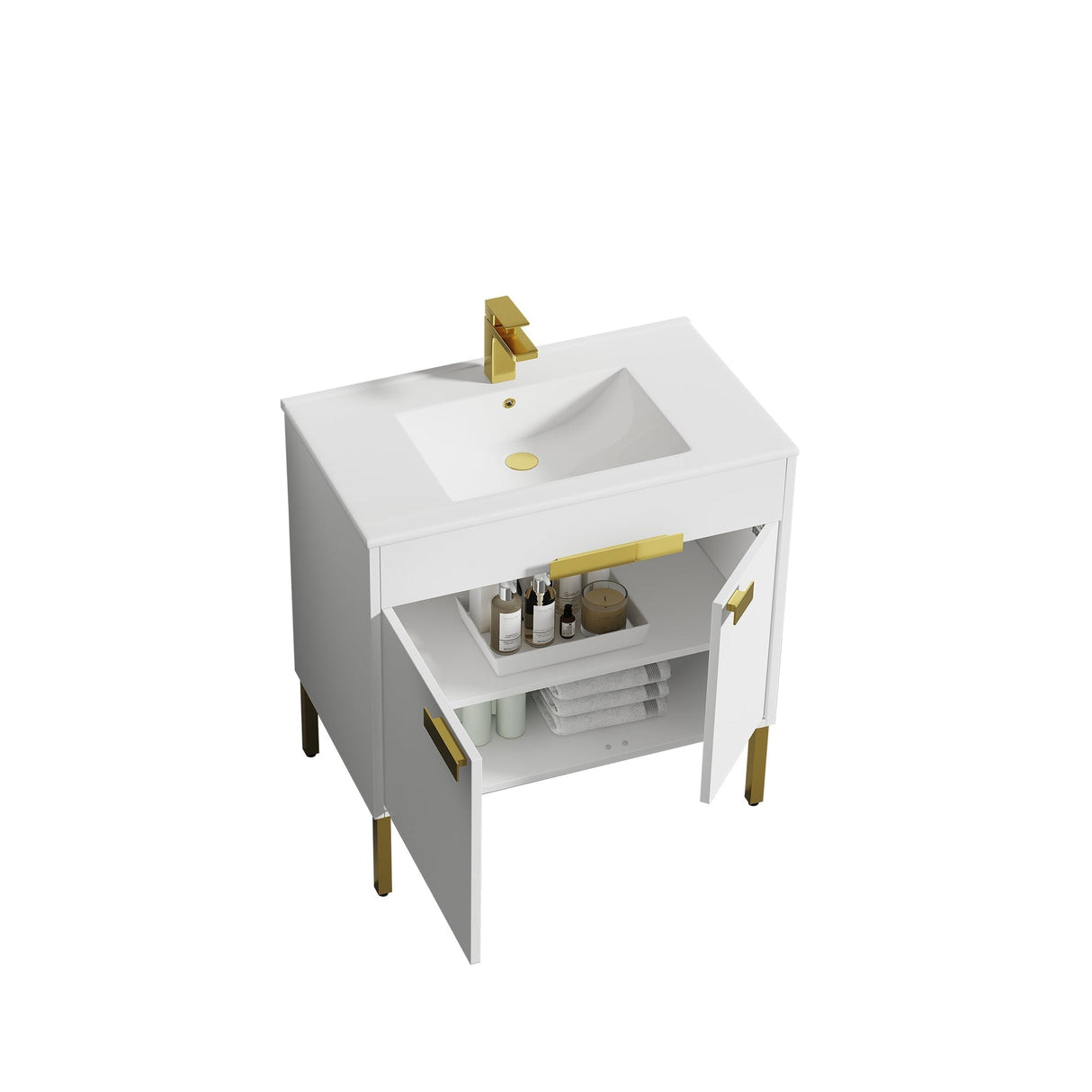Blossom Bari 36" 2-Door White Freestanding Single Vanity Base With Adjustable Shelf, Brushed Gold Handles & Legs