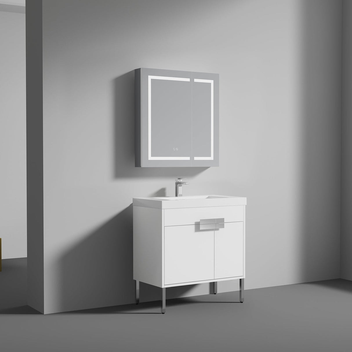 Blossom Bari 36" 2-Door White Freestanding Single Vanity Base With Adjustable Shelf, Chrome Handles & Legs