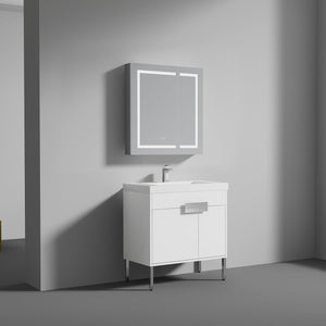 Blossom Bari 36" 2-Door White Freestanding Single Vanity Base With Adjustable Shelf, Chrome Handles & Legs