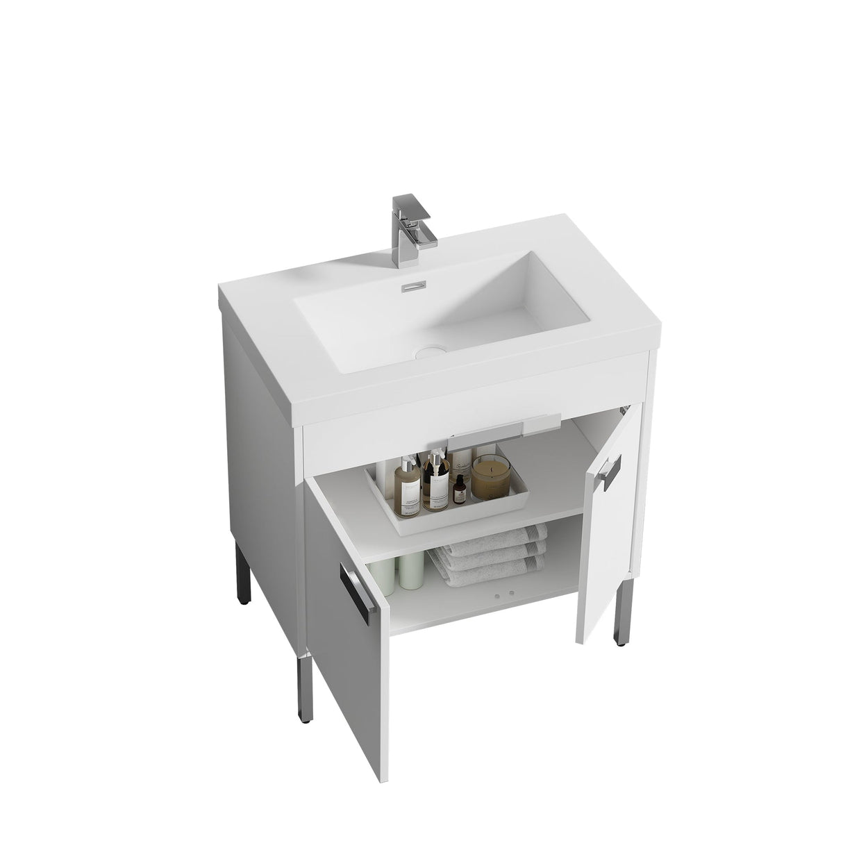 Blossom Bari 36" 2-Door White Freestanding Single Vanity Base With Adjustable Shelf, Chrome Handles & Legs