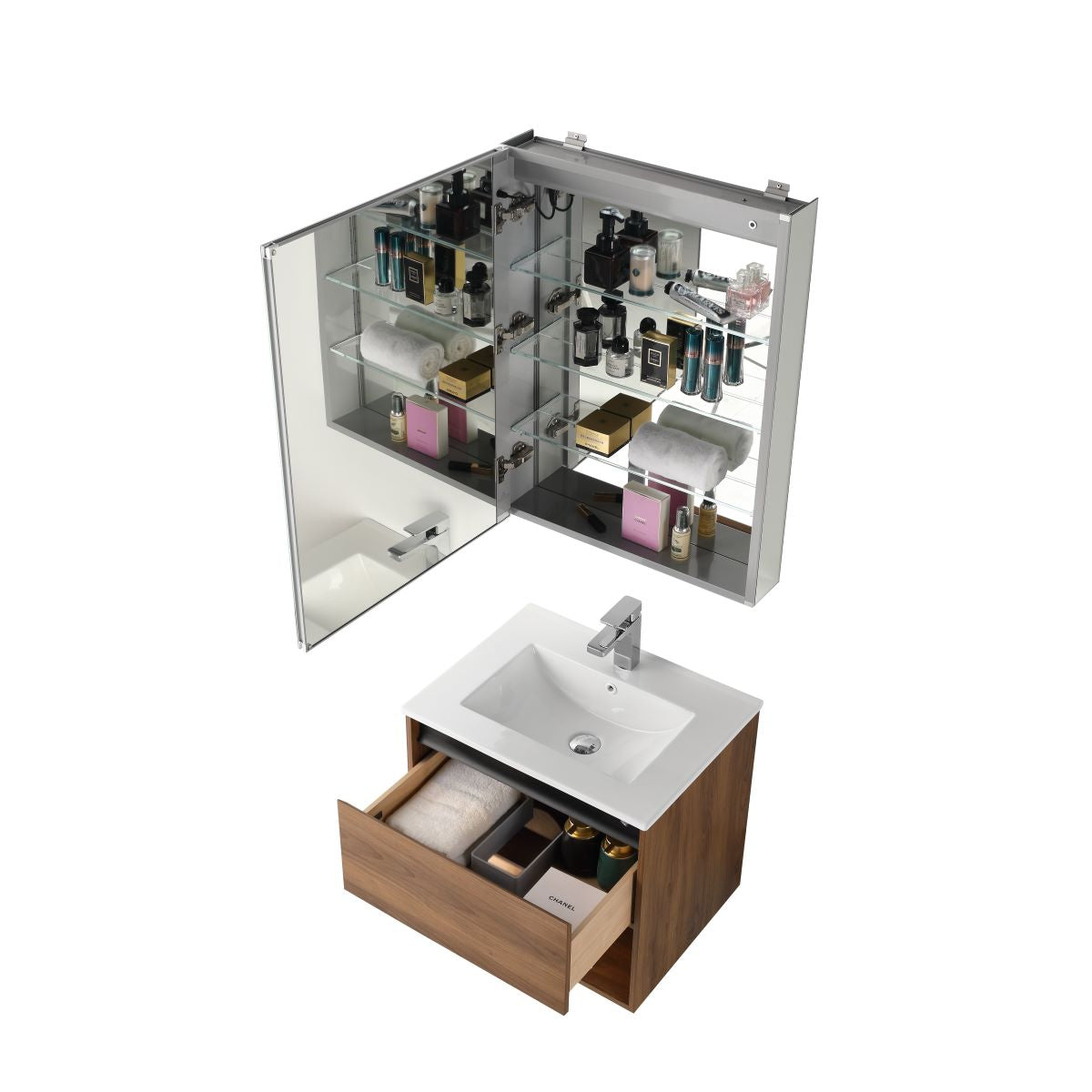 Blossom Bergen 24" Brown Walnut Vanity With Dual LED Lights and Open Shelf