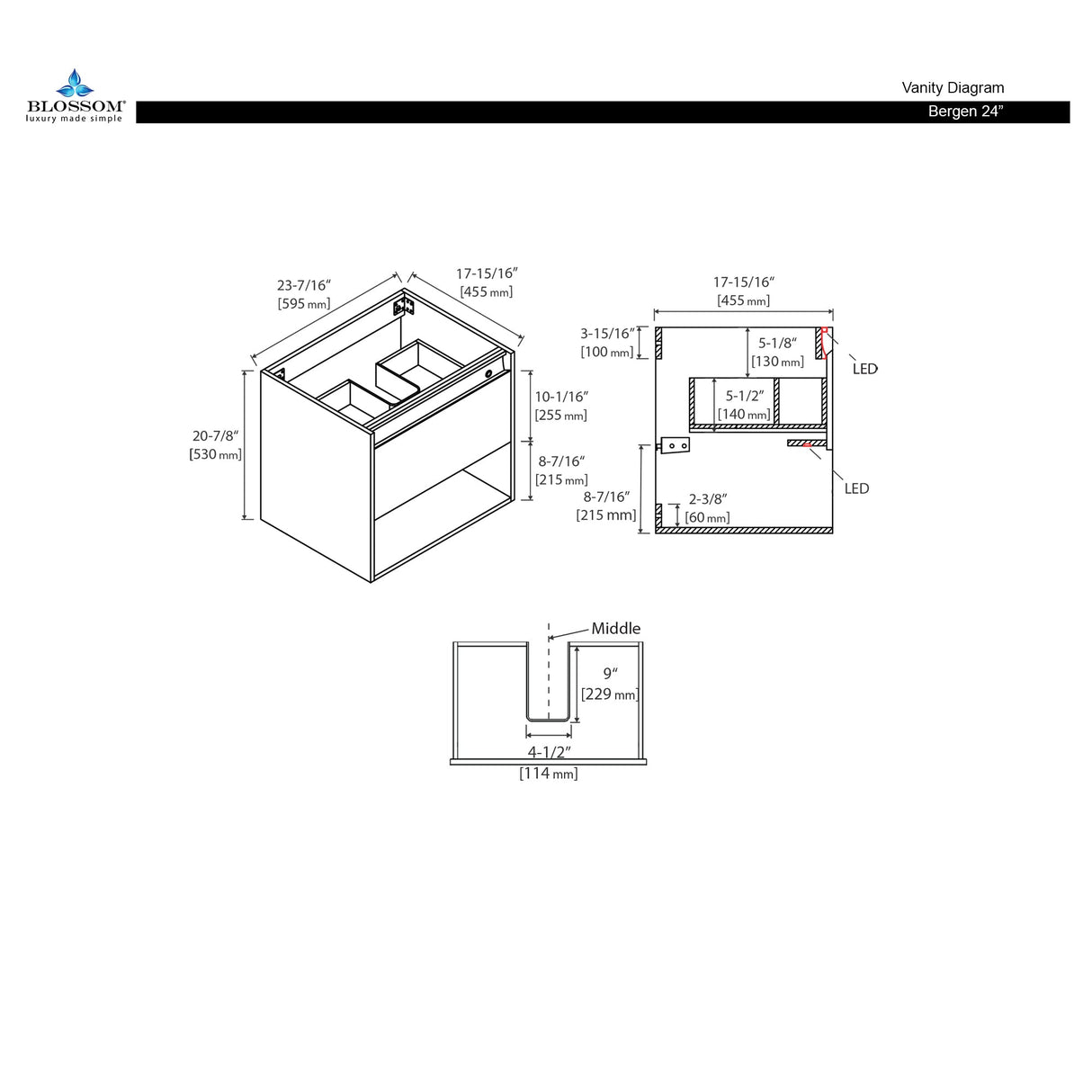 Blossom Bergen 24" Classic Oak Vanity With Dual LED Lights and Open Shelf