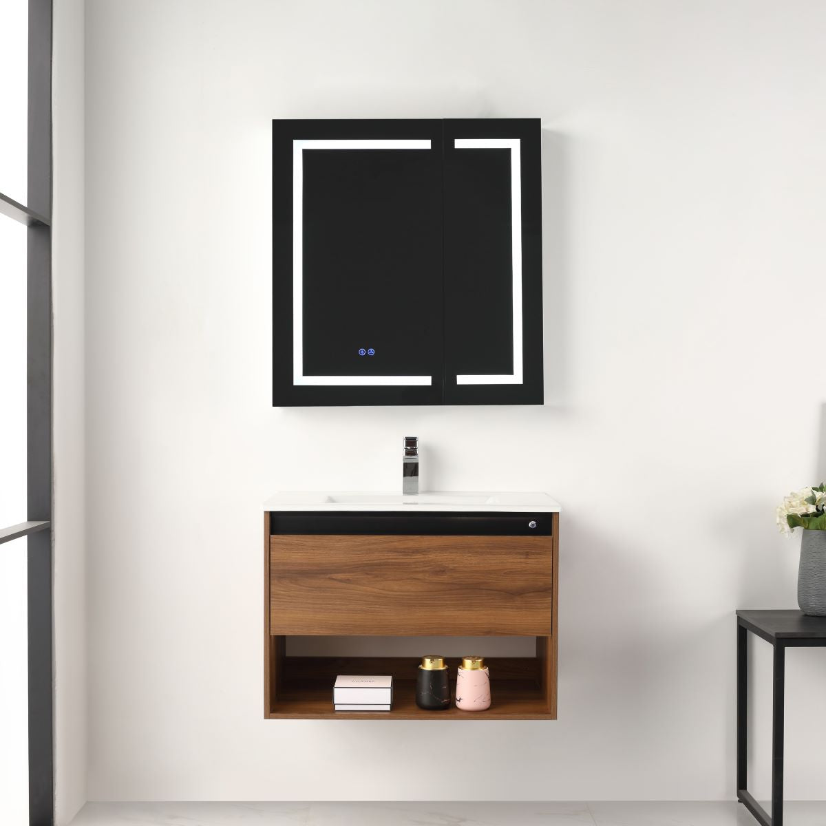 Blossom Bergen 30" Brown Walnut Vanity With Dual LED Lights and Open Shelf