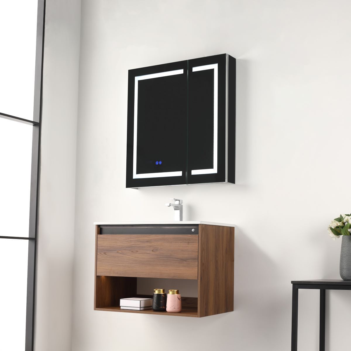 Blossom Bergen 30" Brown Walnut Vanity With Dual LED Lights and Open Shelf