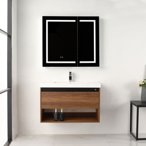 Blossom Bergen 36" Brown Walnut Vanity With Dual LED Lights and Open Shelf