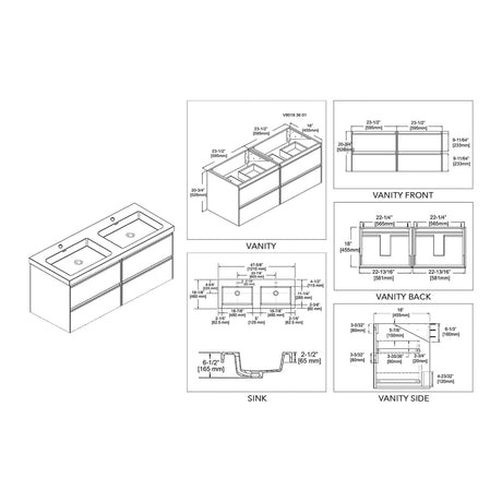 Blossom Berlin 48" 4-Drawer Glossy White & Glossy Grey Wall-Mounted Vanity Set With Acrylic Top And Integrated Double Sink