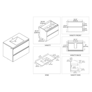Blossom Jena 30" 2-Drawer Calacatta White Wall-Mounted Vanity Set With Ceramic Top and Integrated Single Sink