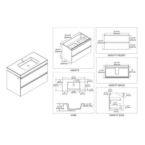 Blossom Jena 36" 2-Drawer Calacatta White Wall-Mounted Vanity Set With Acrylic Top and Integrated Single Sink