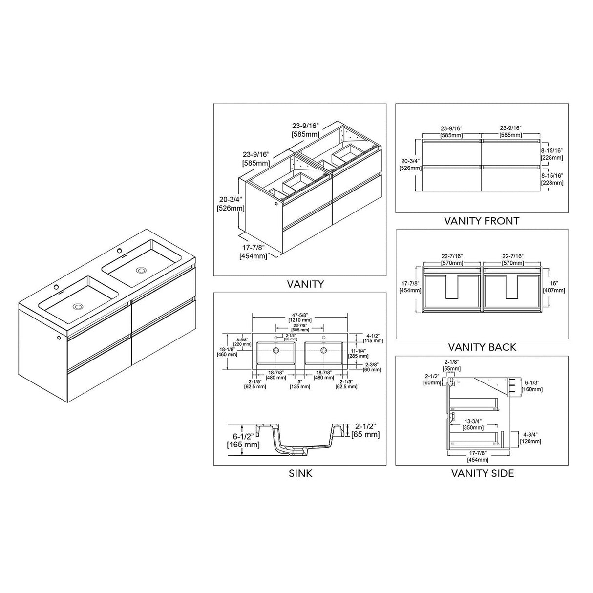 Blossom Jena 48" 2-Drawer Calacatta White Wall-Mounted Vanity Set With Acrylic Top and Integrated Double Sinks