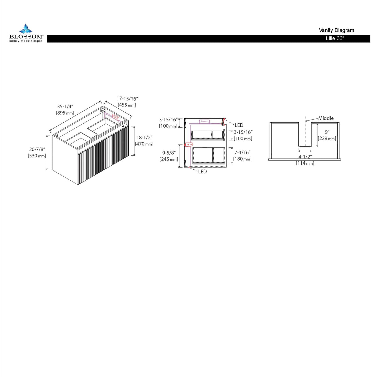 Blossom Lille 36" Brown Walnut Strip Single Vanity
