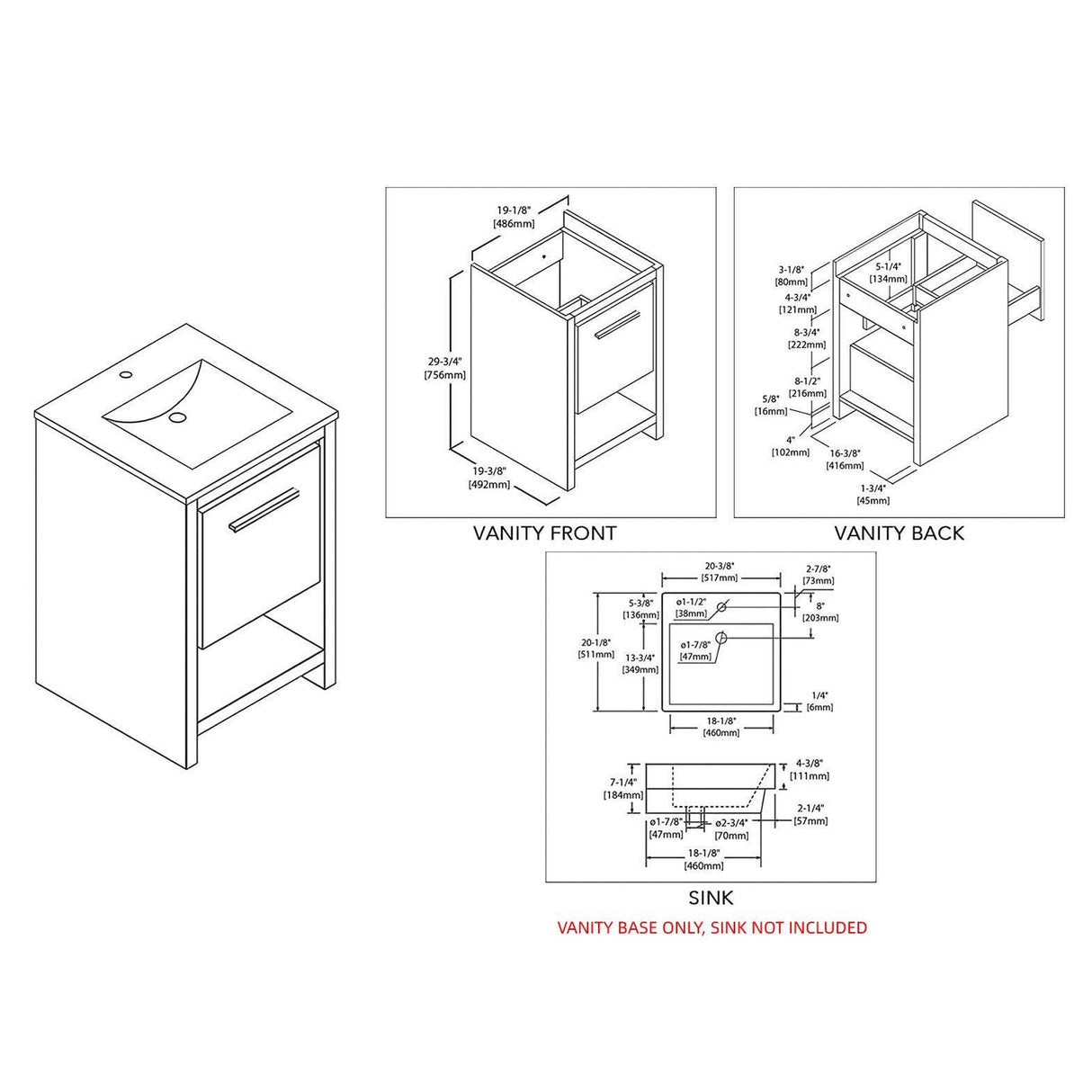 Blossom Milan 20" 1-Drawer Silver Gray And Glossy White Freestanding Vanity Base