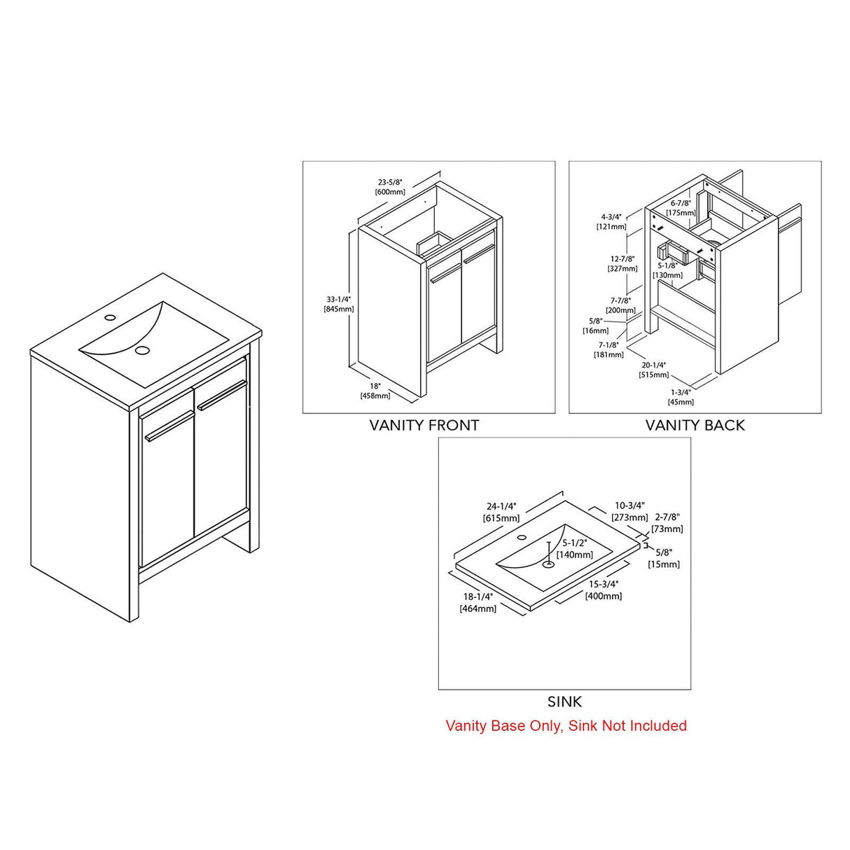 Blossom Milan 24" 2-Door 1-Drawer White Freestanding Vanity Base