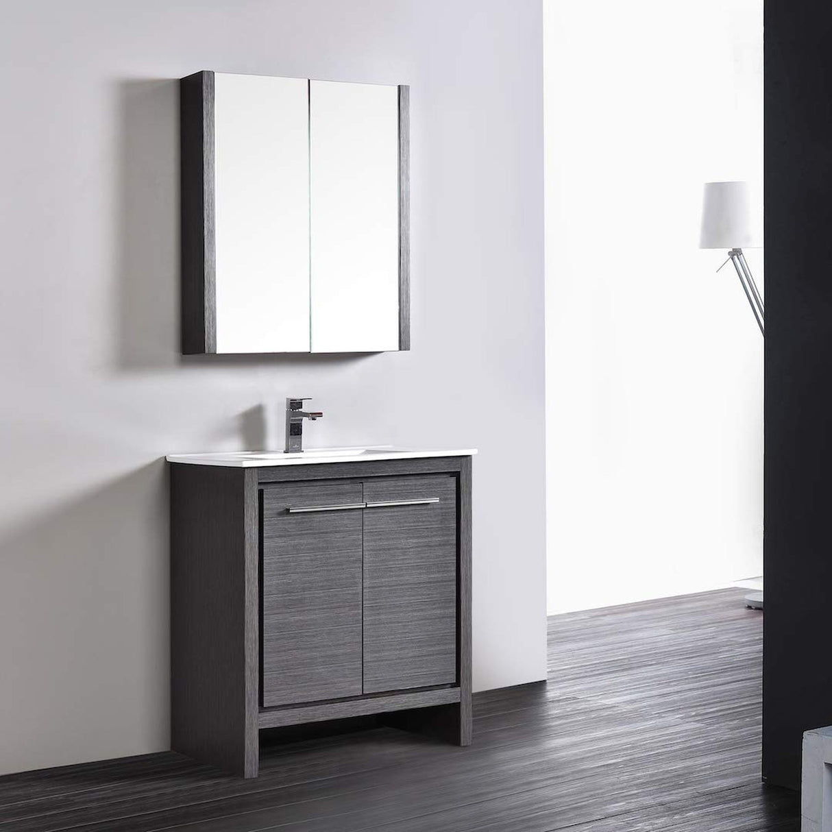 Blossom Milan 30" 2-Door 1-Drawer Silver Gray Freestanding Vanity With Ceramic Drop-In Single Sink And Mirrored Medicine Cabinet