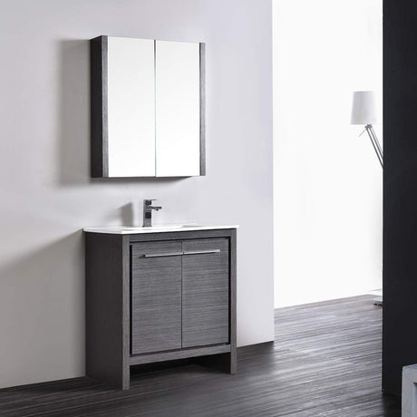 Blossom Milan 30" 2-Door 1-Drawer Silver Gray Freestanding Vanity With Ceramic Drop-In Single Sink And Mirrored Medicine Cabinet
