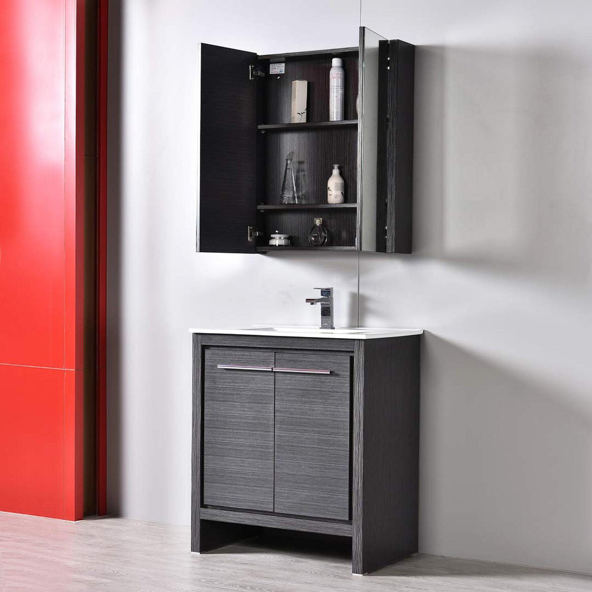 Blossom Milan 30" 2-Door 1-Drawer Silver Gray Freestanding Vanity With Ceramic Drop-In Single Sink And Mirrored Medicine Cabinet