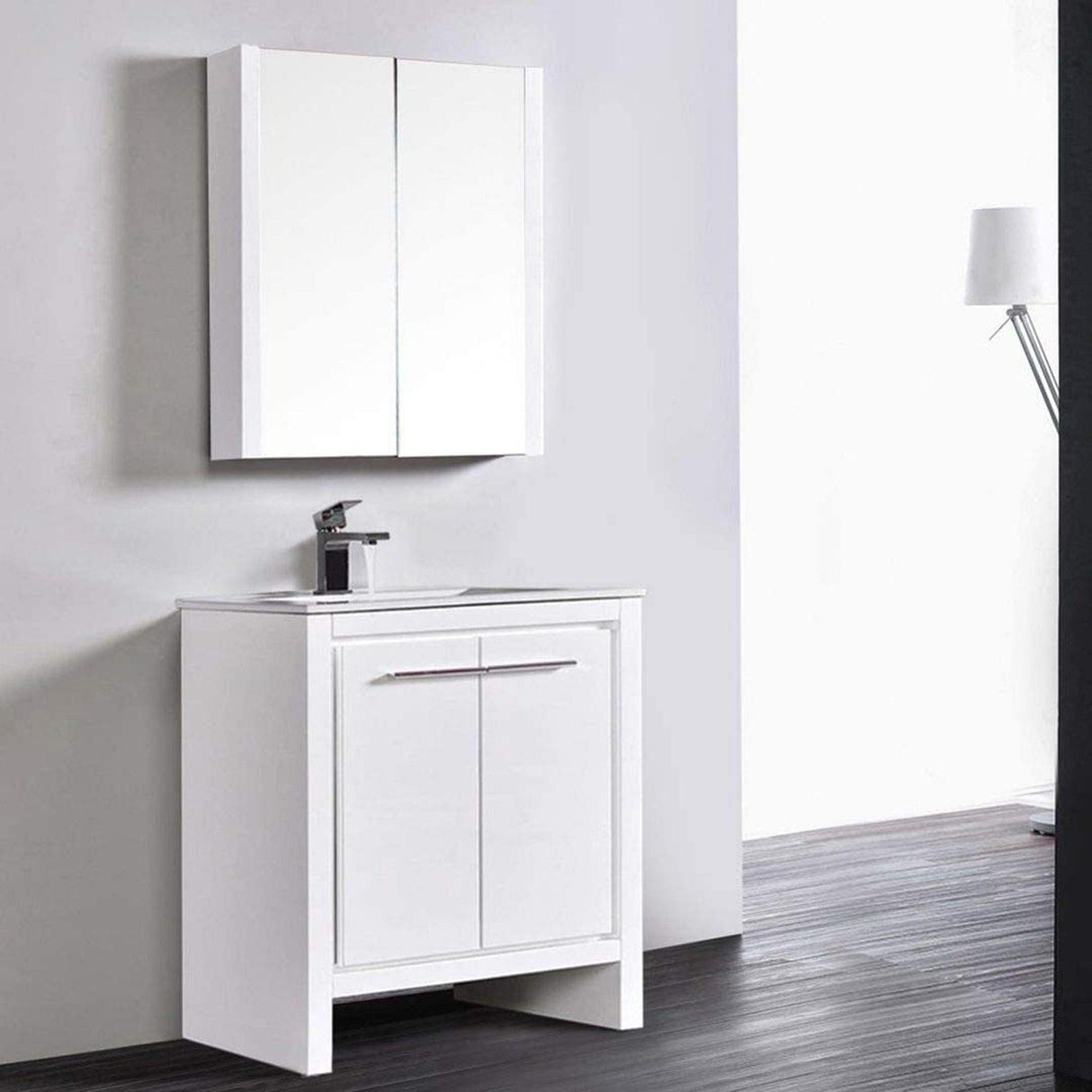 Blossom Milan 30" 2-Door 1-Drawer White Freestanding Vanity With Ceramic Drop-In Single Sink And Mirrored Medicine Cabinet