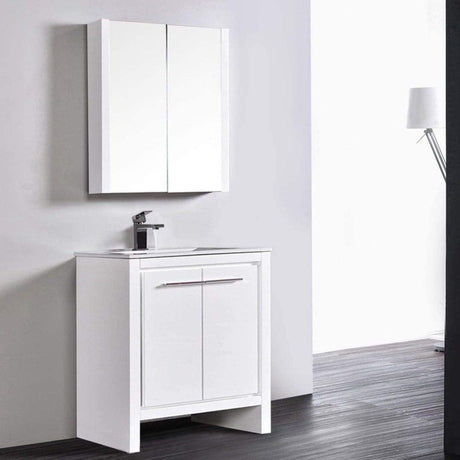 Blossom Milan 30" 2-Door 1-Drawer White Freestanding Vanity With Ceramic Drop-In Single Sink And Mirrored Medicine Cabinet