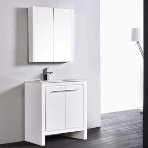 Blossom Milan 30" 2-Door 1-Drawer White Freestanding Vanity With Ceramic Drop-In Single Sink And Mirrored Medicine Cabinet
