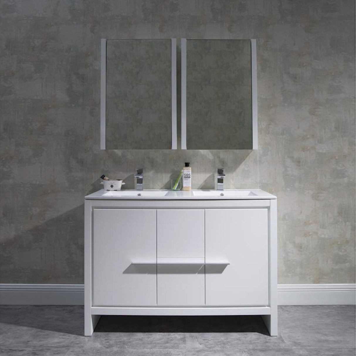 Blossom Milan 48" 2-Door 2-Drawer White Freestanding Vanity With Ceramic Drop-In Double Sinks And Mirrored Medicine Cabinet