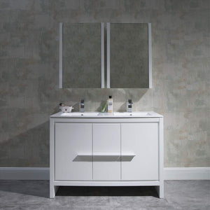 Blossom Milan 48" 2-Door 2-Drawer White Freestanding Vanity With Ceramic Drop-In Double Sinks And Mirrored Medicine Cabinet
