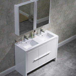 Blossom Milan 48" 2-Door 2-Drawer White Freestanding Vanity With Ceramic Drop-In Double Sinks And Mirrored Medicine Cabinet