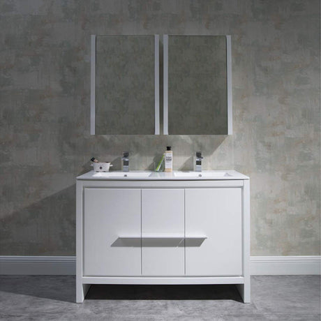 Blossom Milan 48" 2-Door 2-Drawer White Freestanding Vanity With Ceramic Drop-In Double Sinks And Mirrored Medicine Cabinet
