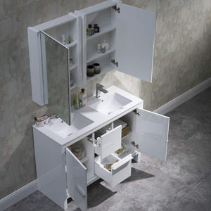 Blossom Milan 48" 2-Door 2-Drawer White Freestanding Vanity With Ceramic Drop-In Double Sinks And Mirrored Medicine Cabinet