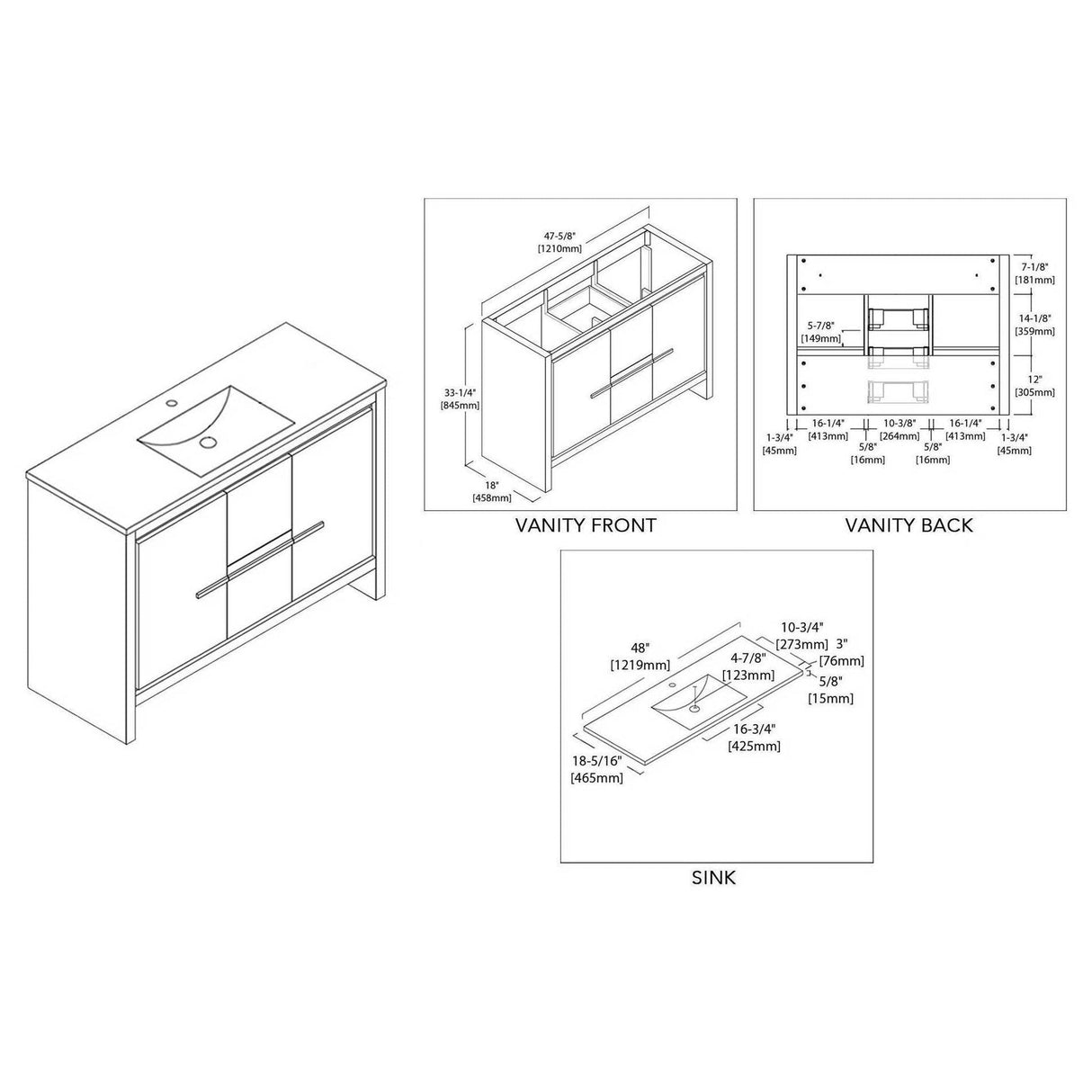 Blossom Milan 48" 2-Door 2-Drawer White Freestanding Vanity With Ceramic Drop-In Single Sink