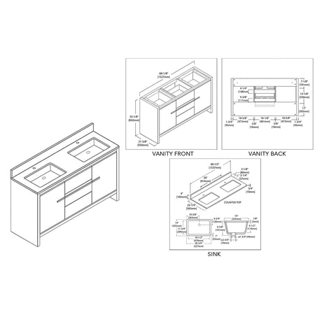 Blossom Milan 60" 2-Door 3-Drawer White Freestanding Vanity With Ceramic Drop-In Single Sink