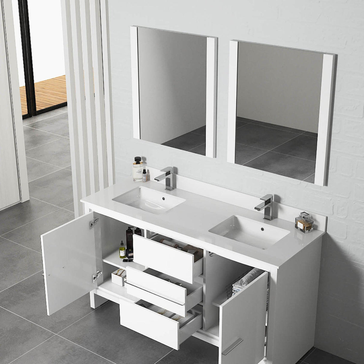 Blossom Milan 60" 2-Door 3-Drawer White Freestanding Vanity With Ceramic Drop-In Single Sink And Mirror