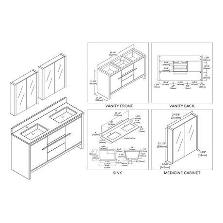 Blossom Milan 60" 2-Door 3-Drawer White Freestanding Vanity With Ceramic Drop-In Single Sink And Mirrored Medicine Cabinet