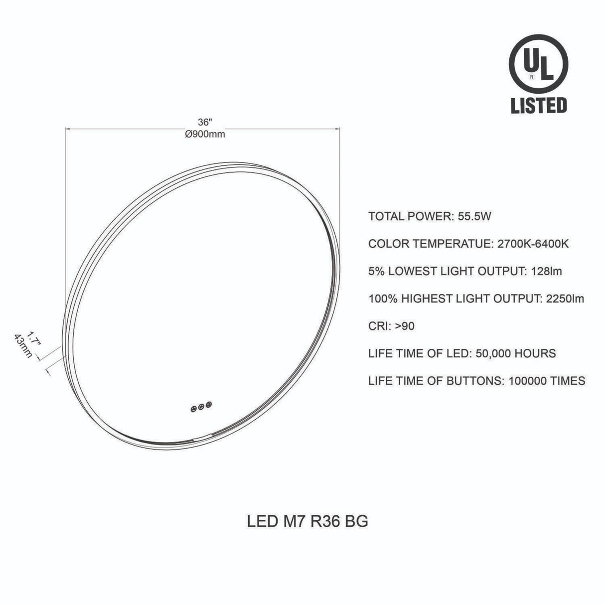 Blossom Oskar 36" Matte Black Wall-Mounted Framed Round LED Mirror