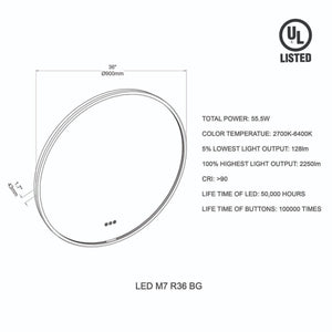 Blossom Oskar 36" Matte Black Wall-Mounted Framed Round LED Mirror