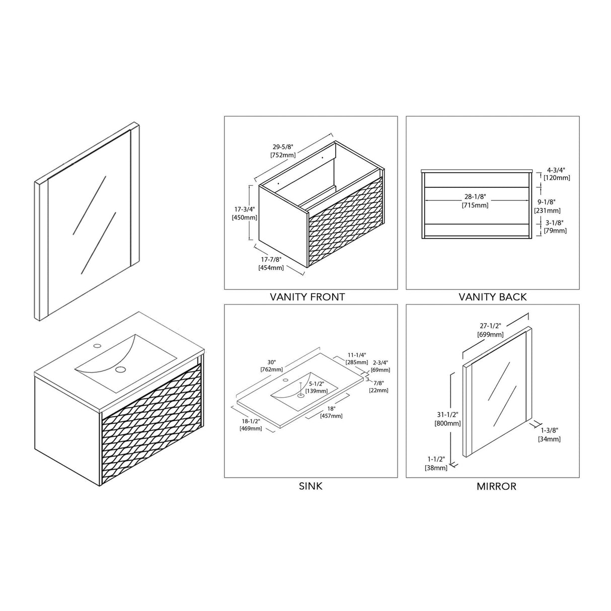 Blossom Paris 30" 1-Drawer White Wall-Mounted Vanity Set With Ceramic Top, Integrated Single Sink and Mirror