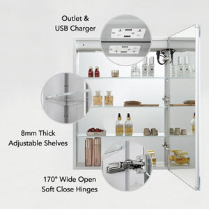 Blossom Pillar 24" Recessed or Surface Mount Left and Right-Hinged Door LED Mirror Medicine Cabinet Set Of 2 With Adjustable Glass Shelves, Built-In Defogger, Dimmer, USB & Electrical Outlet