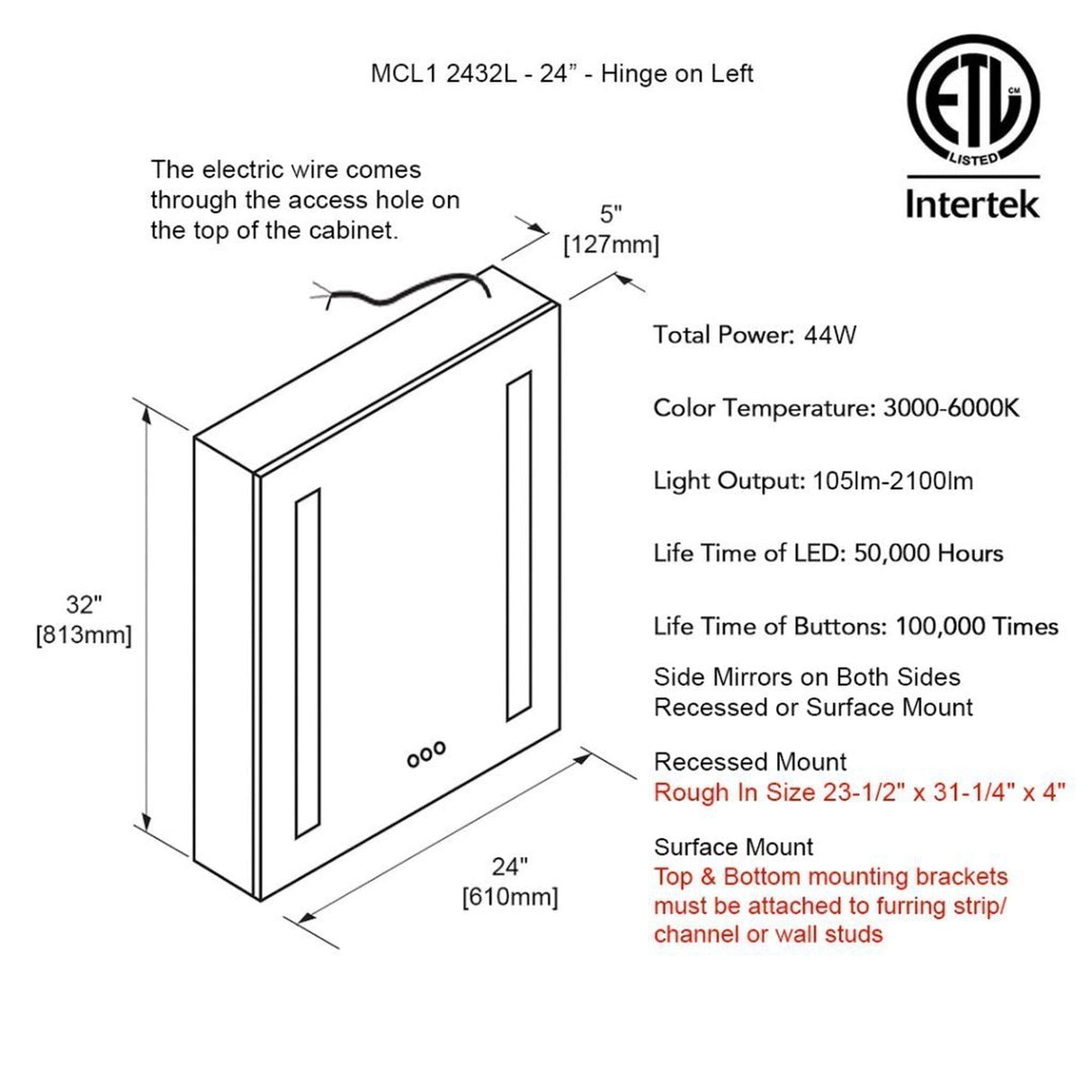 Blossom Pillar 24" Recessed or Surface Mount Left and Right-Hinged Door LED Mirror Medicine Cabinet Set Of 2 With Adjustable Glass Shelves, Built-In Defogger, Dimmer, USB & Electrical Outlet