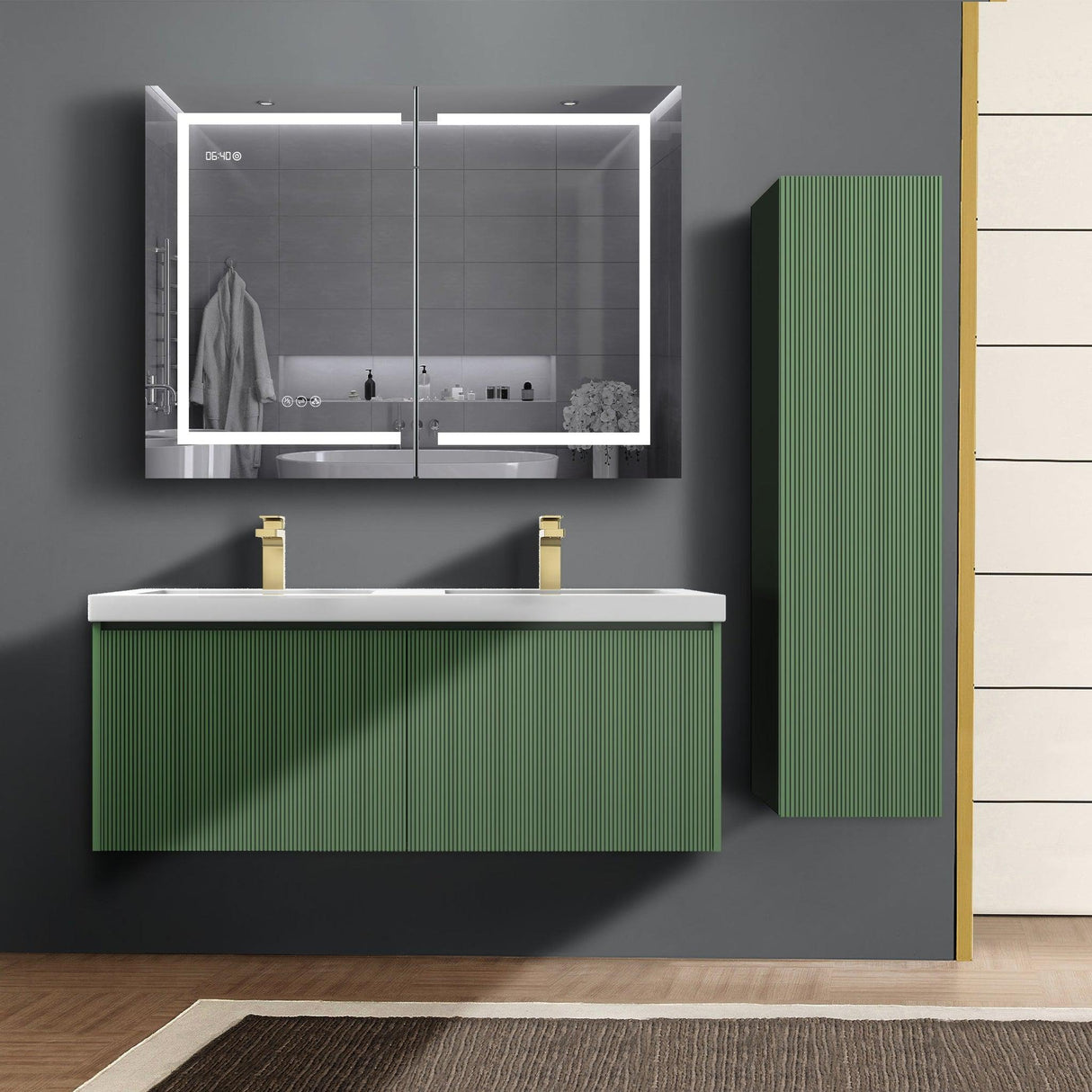 Blossom Positano 12" x 10" x 48" 1-Door Aventurine Green Wall-Mounted Side Cabinet With 1 Fixed Wood Shelve and 2 Adjustable Glass Shelves