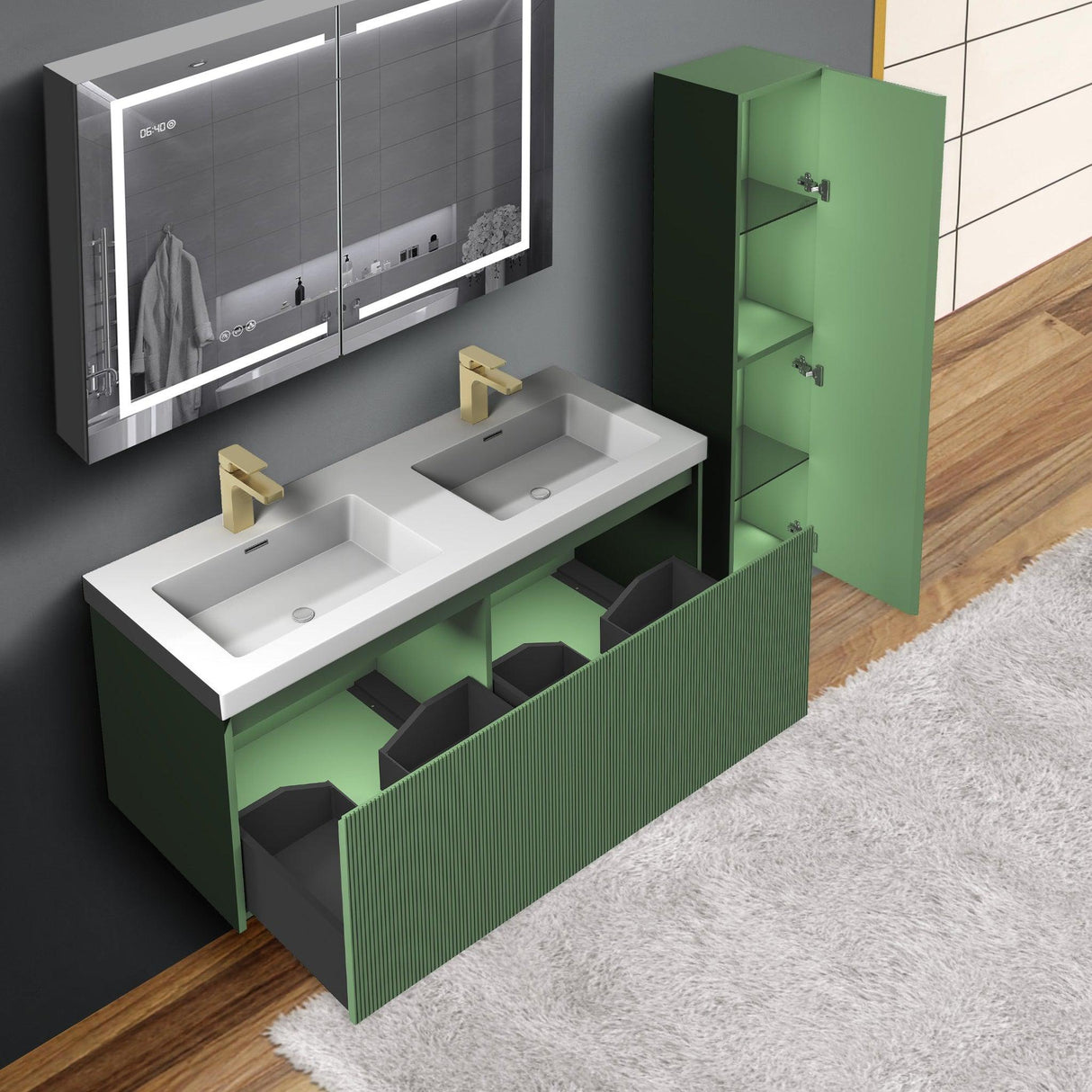 Blossom Positano 12" x 10" x 48" 1-Door Aventurine Green Wall-Mounted Side Cabinet With 1 Fixed Wood Shelve and 2 Adjustable Glass Shelves