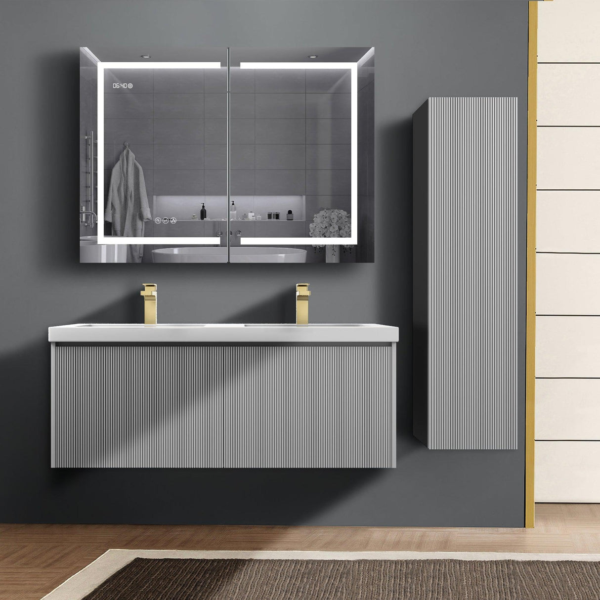 Blossom Positano 12" x 10" x 48" 1-Door Light Gray Wall-Mounted Side Cabinet With 1 Fixed Wood Shelve and 2 Adjustable Glass Shelves