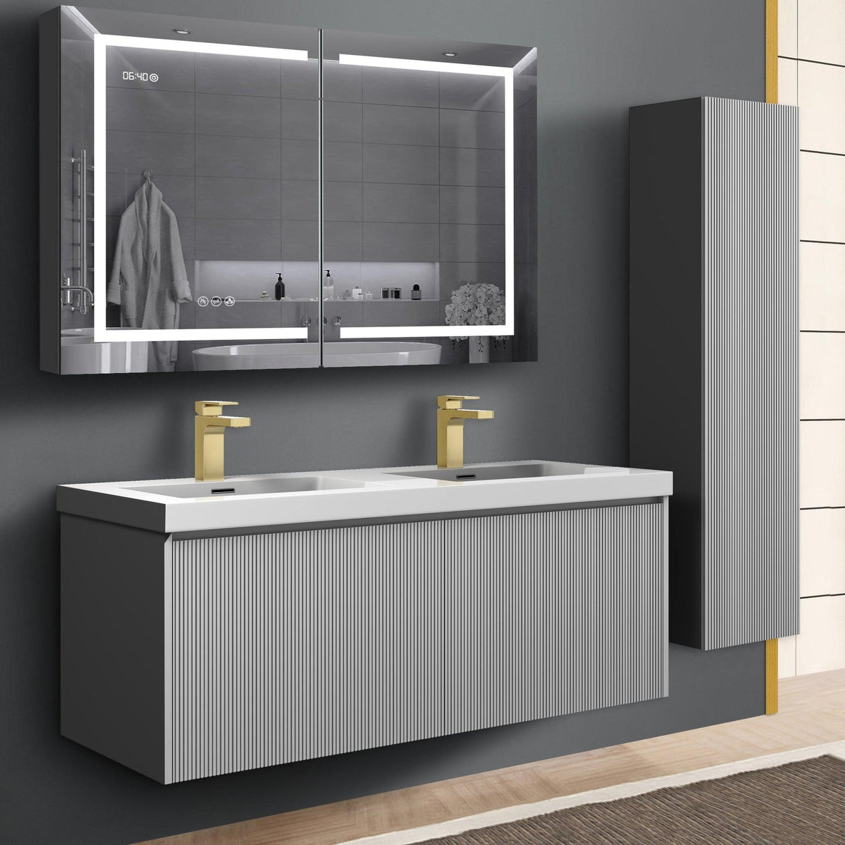 Blossom Positano 12" x 10" x 48" 1-Door Light Gray Wall-Mounted Side Cabinet With 1 Fixed Wood Shelve and 2 Adjustable Glass Shelves