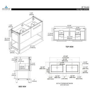 Blossom Riga 48" 2-Drawer Metal Gray Freestanding Vanity Set With Acrylic Drop-In Double Sinks