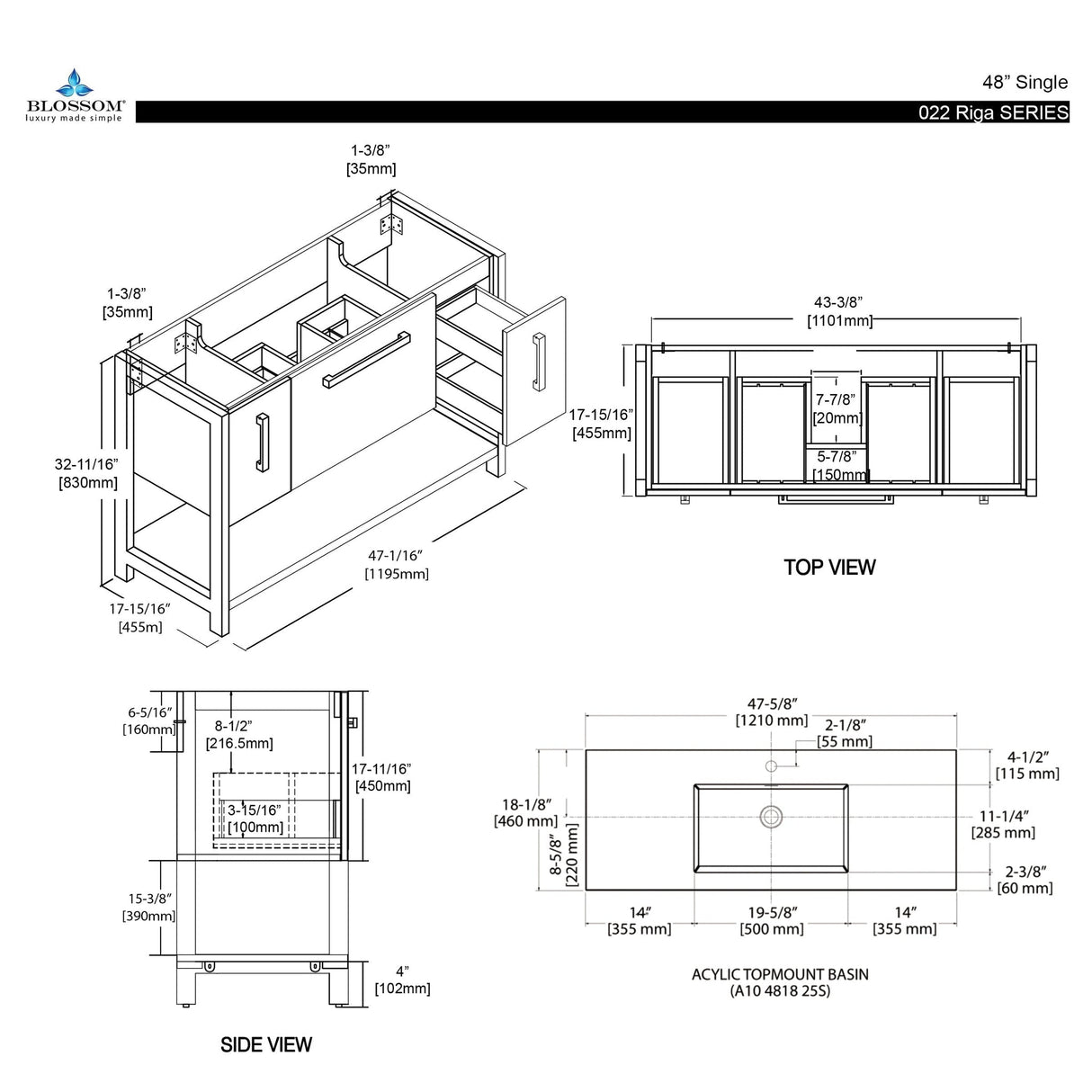 Blossom Riga 48" 3-Drawer Glossy White Freestanding Vanity Set With Acrylic Drop-In Single Sink
